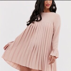 ASOS Elegant Light Pink Blush Pleated‎ Long Sleeve Dress, Size 8